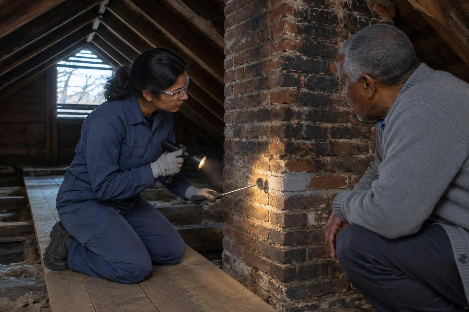 Chimney inspector and homeowner crouch in an old attic, tracing a flashlight beam along the mortar of a brick chimney stack.