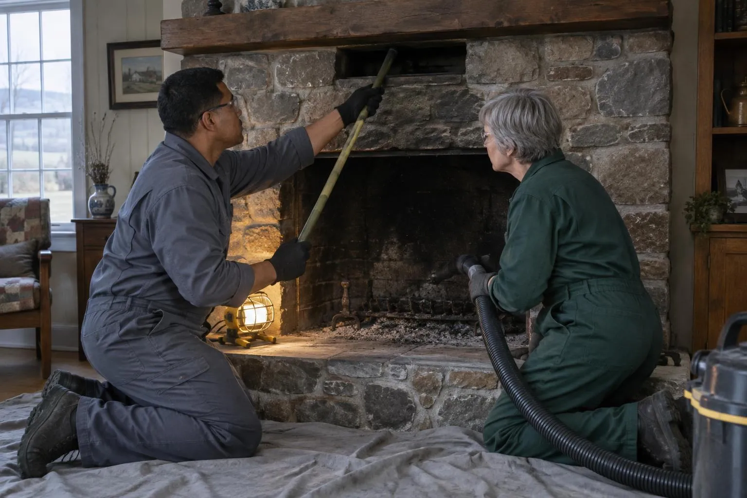 Two chimney sweeps kneel at a stone fireplace, one pushing a rod up the flue while the other holds a vacuum hose to catch soot.