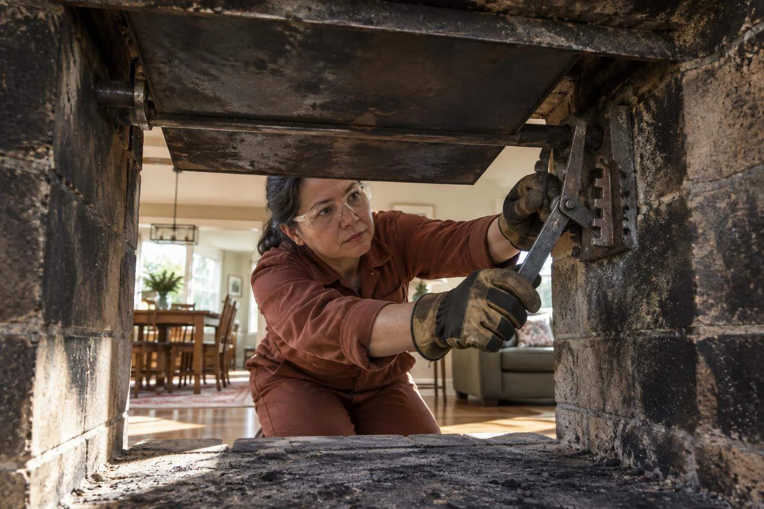 A chimney inspector illuminates a fireplace damper while checking its movement during a basic visual inspection.
