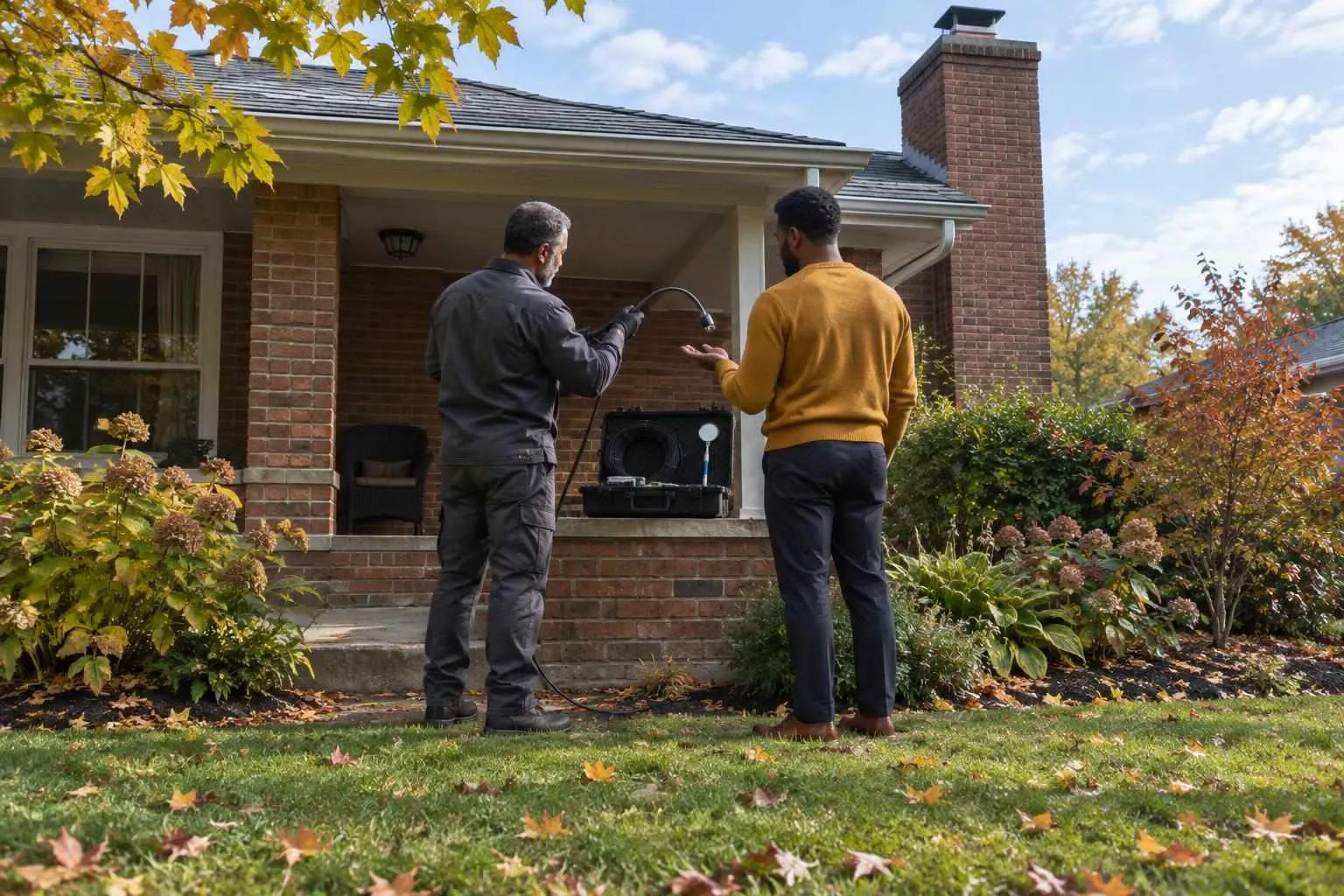 A chimney inspector demonstrates a flue camera to a homeowner during a conversation on an autumn front stoop.