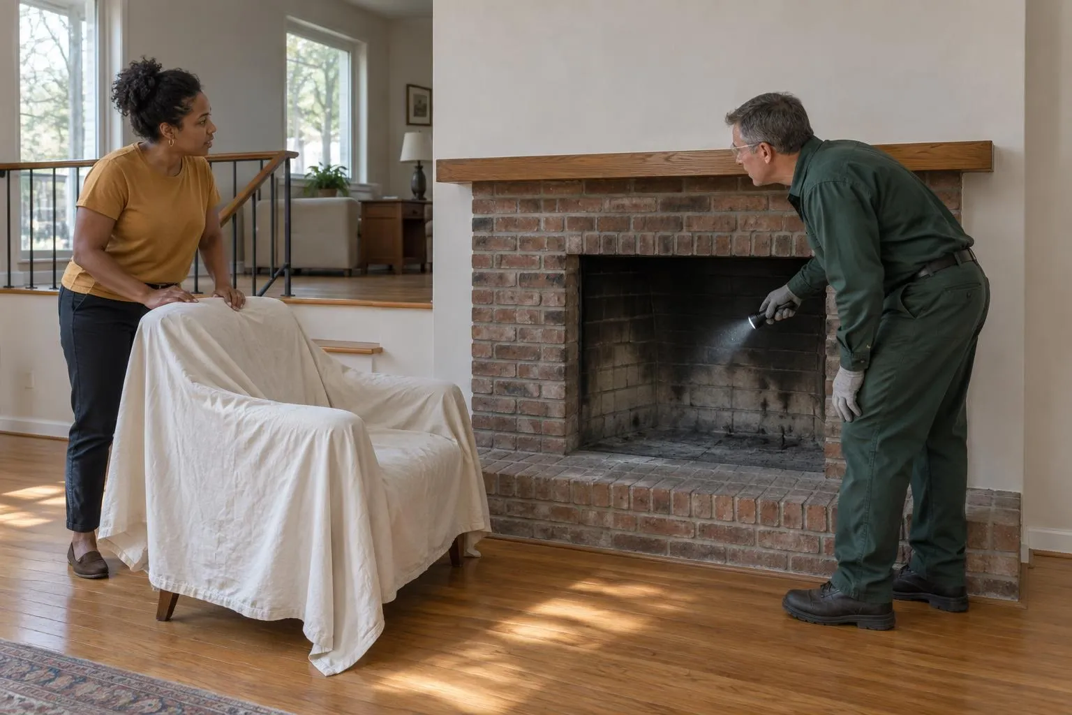 A homeowner covers an armchair while a chimney inspector checks the clear approach to a cold, empty fireplace.