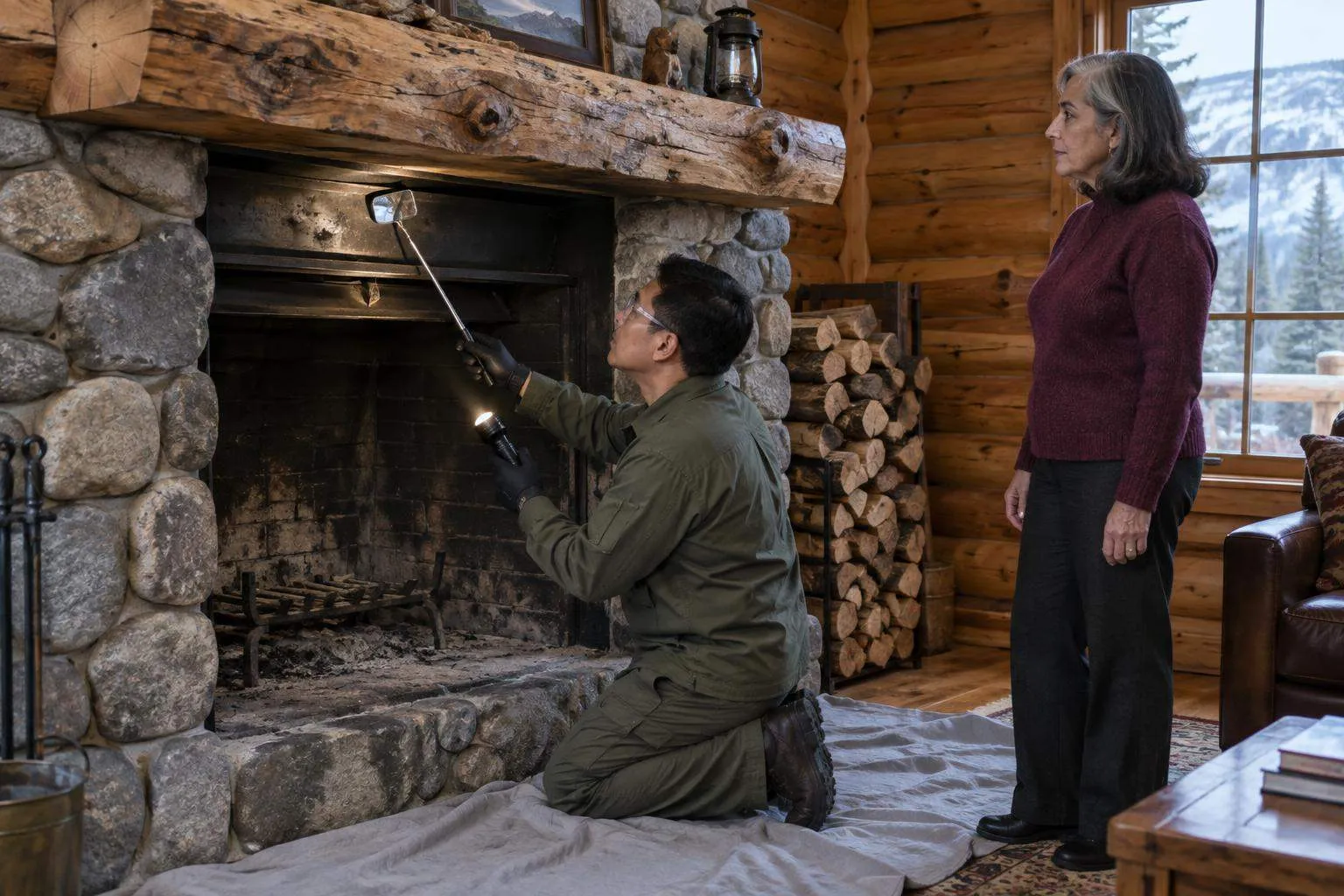 A chimney inspector kneels at a stone cabin fireplace, angling a mirror and flashlight up the flue while a homeowner watches calmly.